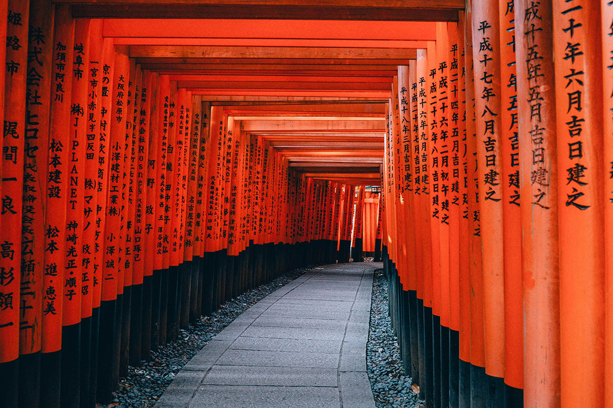 Stone pathway through Red Tori Gates at Fushimi Inari Shrine
